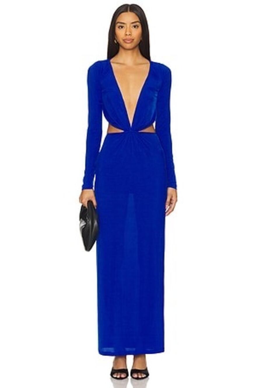 OW Collection Midnight Maxi Dress Dark Blue M NWT Plunge Open Back Bodycon US 8